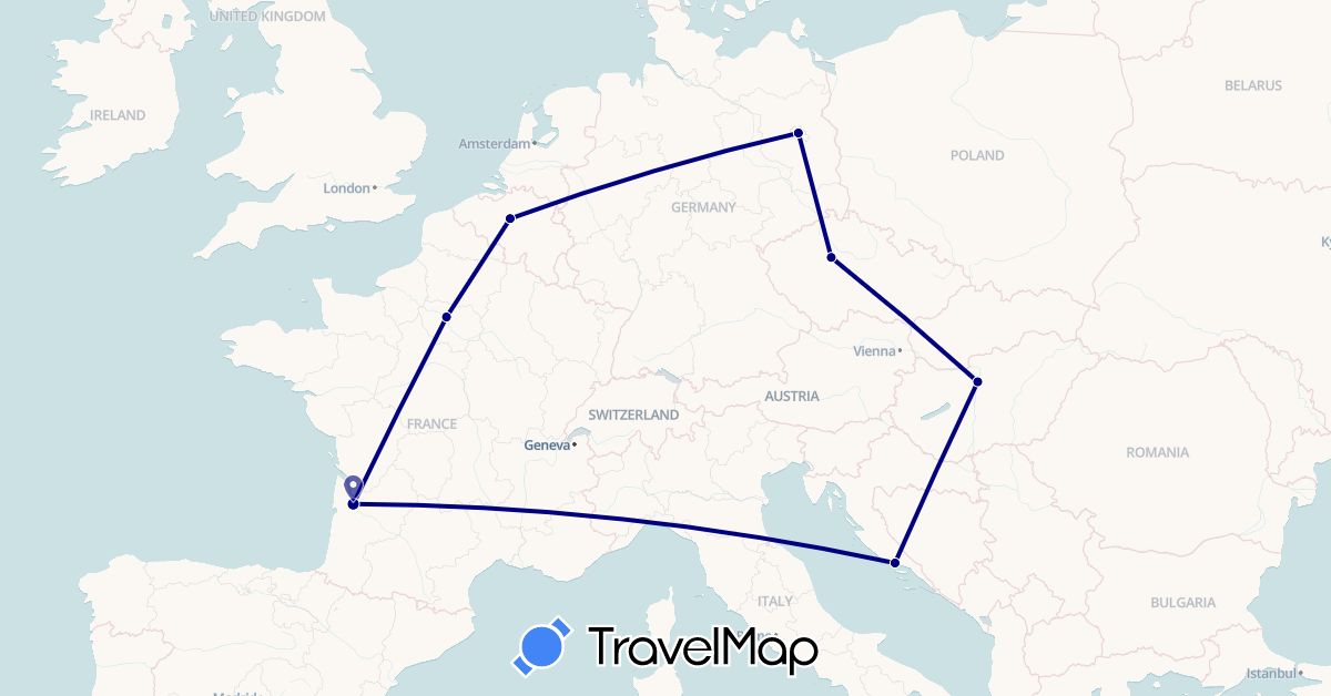 TravelMap itinerary: driving in Belgium, Czech Republic, Germany, France, Croatia, Hungary (Europe)